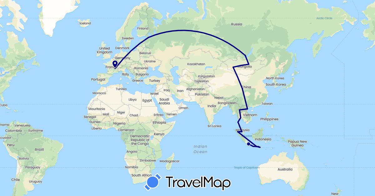 TravelMap itinerary: driving in China, France, Indonesia, Myanmar (Burma), Mongolia, Malaysia, Russia, Thailand, Vietnam (Asia, Europe)